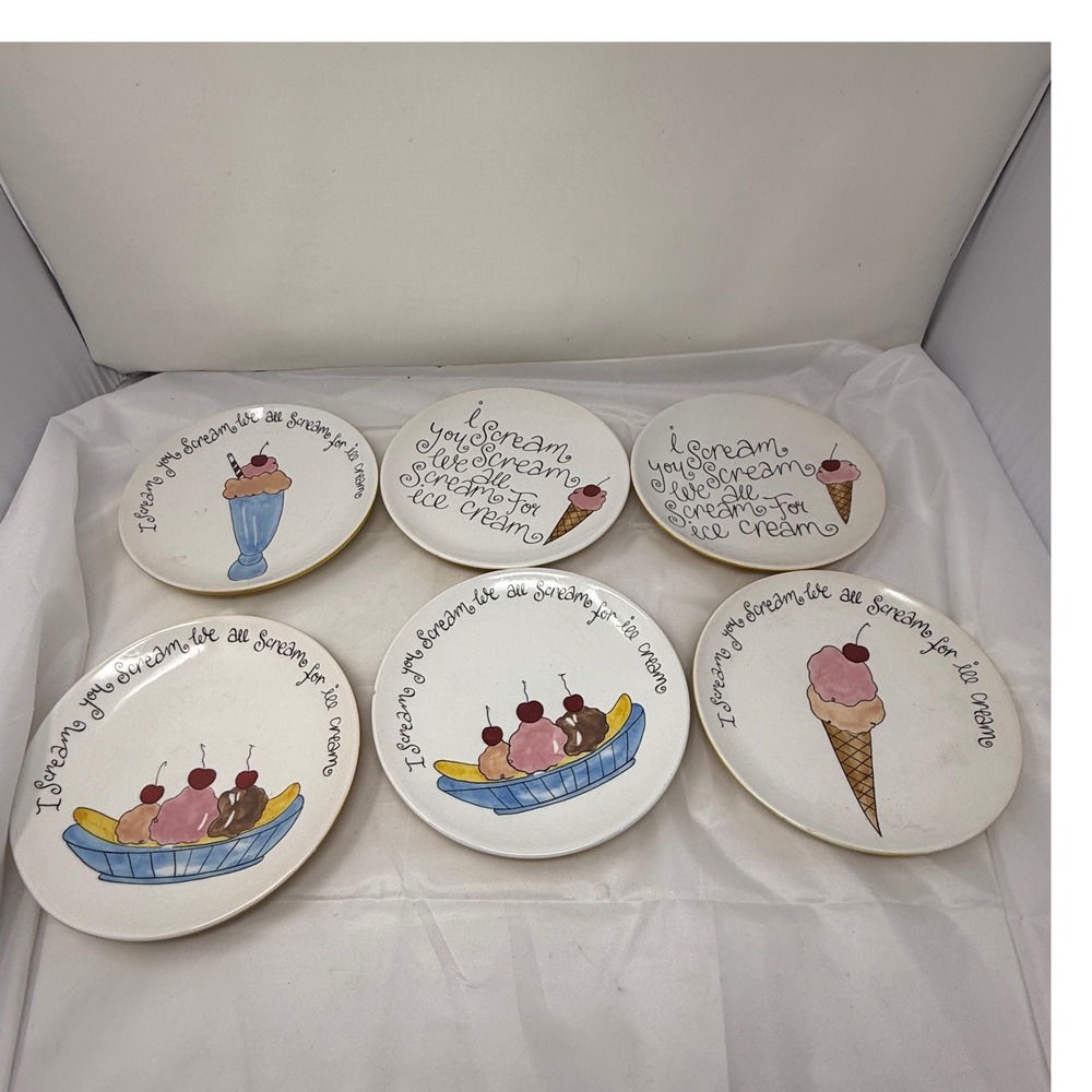 Pottery Barn I Scream For Ice Cream Dessert Plates Set of 6 Yellow White 8 inch